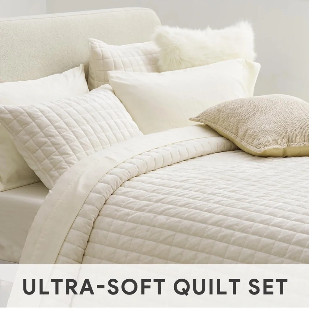 🆕 PB Style Cream Velvet Quilt Set White Luxury Coverlet Queen Down Alternative